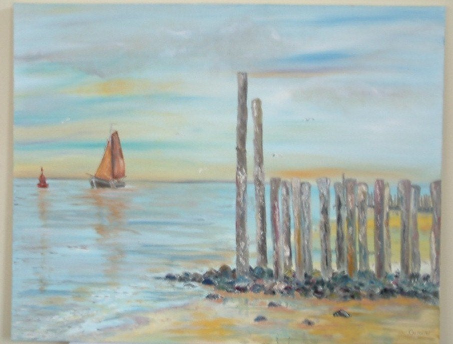 mooi  groot schilderij  strand  Zoutelande  100 x 80 cm, Doek, Ophalen of Verzenden, Olieverf, Klassiek