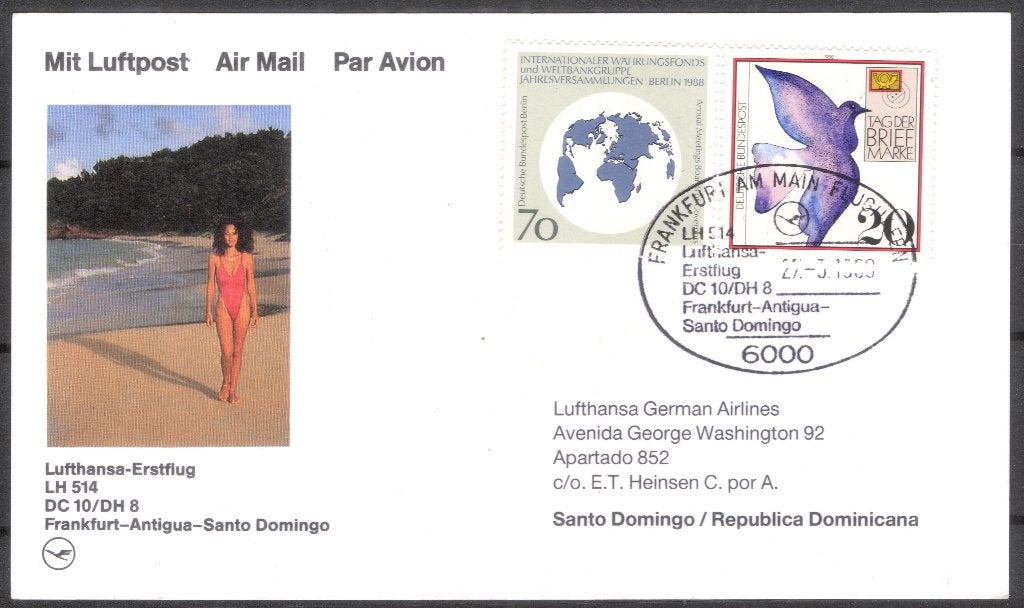 1e Lufthansa vlucht Frankfurt - Antigua - Santo Domingo 1989, Verzenden, Overige typen