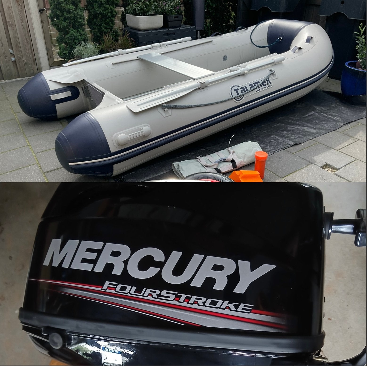 rubberboot Talamex + buitenboordmotor mercury 6pk 4takt, Aluminium, Peddels, 6 pk, Ophalen of Verzenden