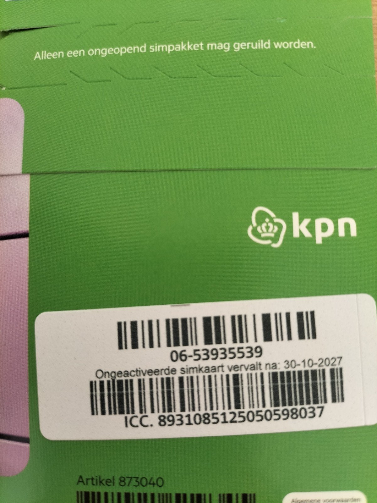 KPN Ongeactiveerde Simkaart - Geldig 30-10-2027 - 0653935539, Ophalen, Nieuw, KPN, Simkaart