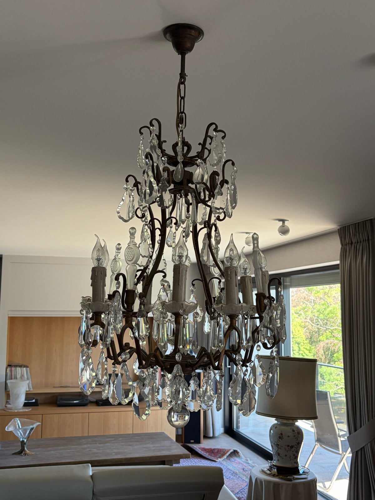 Prachtige vintage kroonluchter met kristallen, Huis en Inrichting, Lampen | Kroonluchters, Ophalen, Gebruikt, Metaal, E14 (klein)