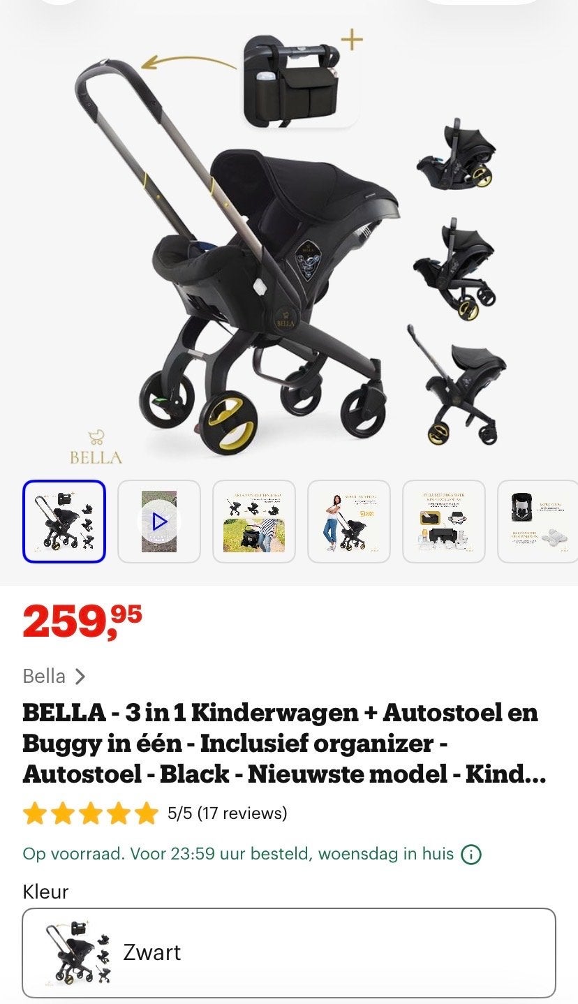 BELLA 3-in-1 Kinderwagen + Autostoel + Buggy - Zwart, Nieuw, Combiwagen, Met autostoeltje, Ophalen