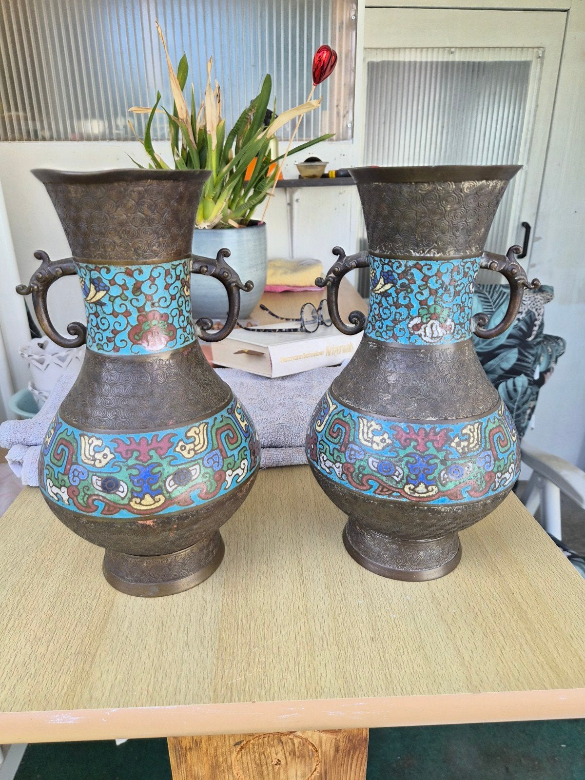Antieke Bronzen Vazen Cloisonné/Champlevé Emaille, Meiji/, Antiek en Kunst, Ophalen