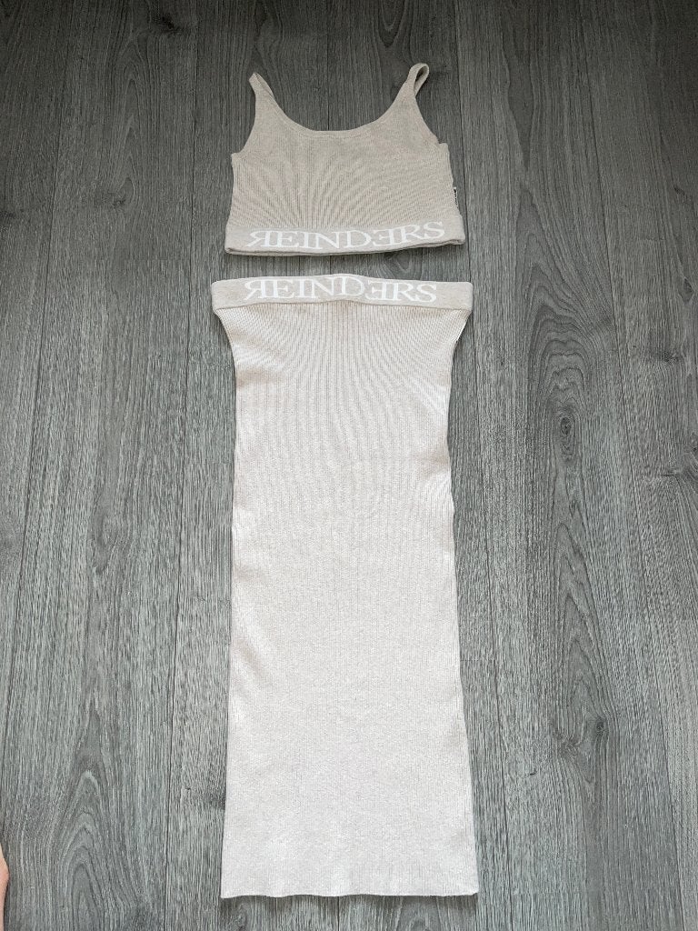 reinders beige tweedelig twin set rib top en rok mt M / L, Kleding | Dames, Jurken, Maat 38/40 (M), Reinders, Beige, Ophalen of Verzenden