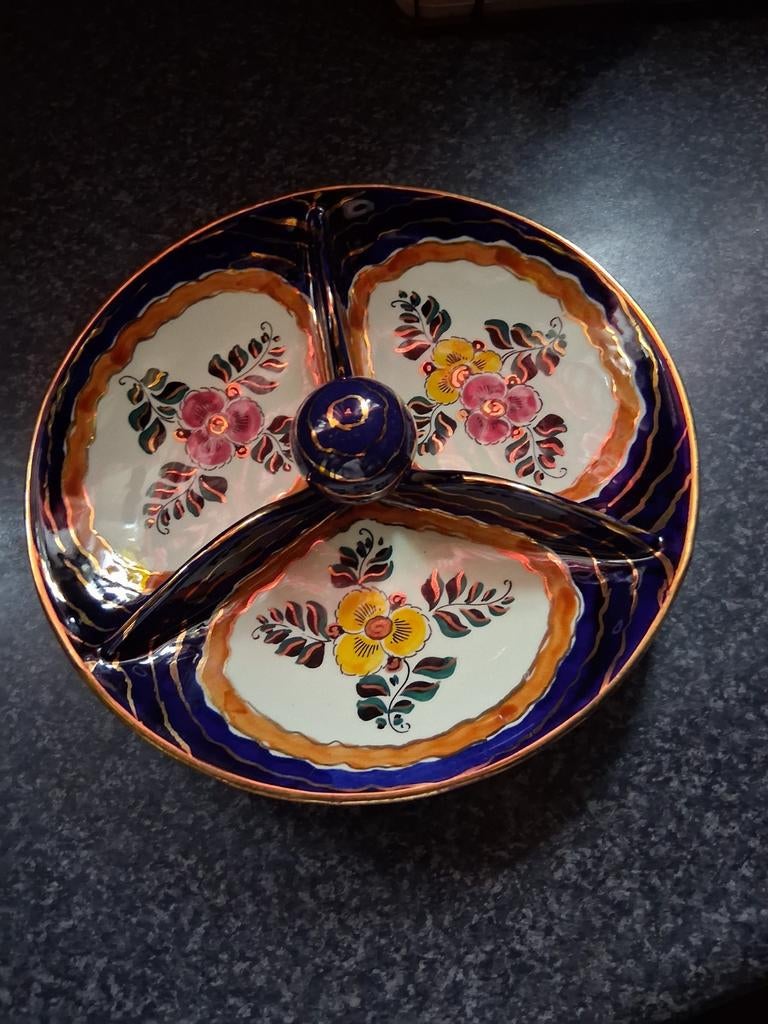 Vintage Delfts Blauw Stijl Schaal met 3 Vakken en Bloemen, Ophalen