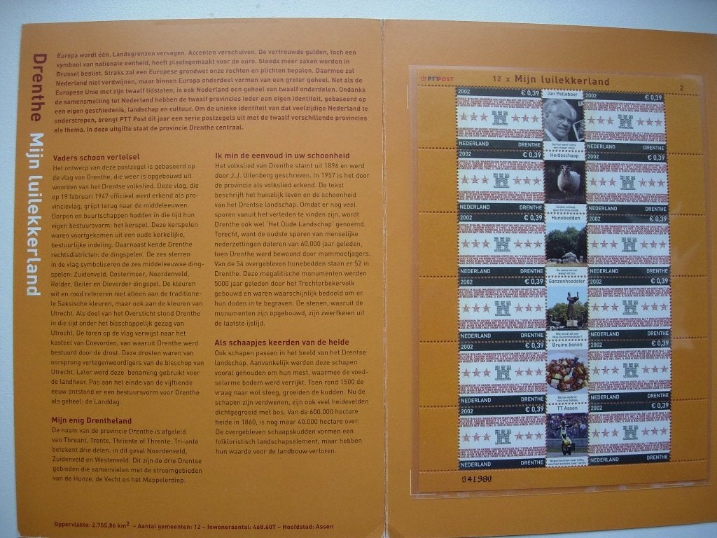 NL Map met tekst en zegels Drenthe 2002, Postzegels en Munten, Verzenden, Na 1940, Postfris