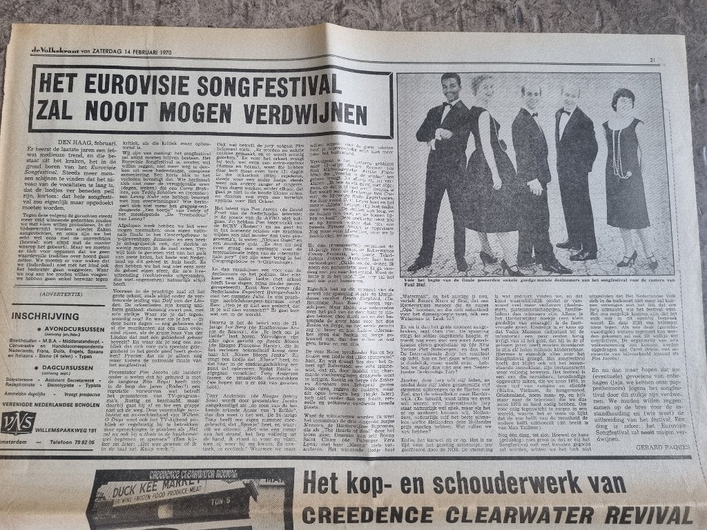 Artikel met verslag Nationaal Songfestival 1970, Ophalen of Verzenden, 1960 tot 1980, Knipsel(s)
