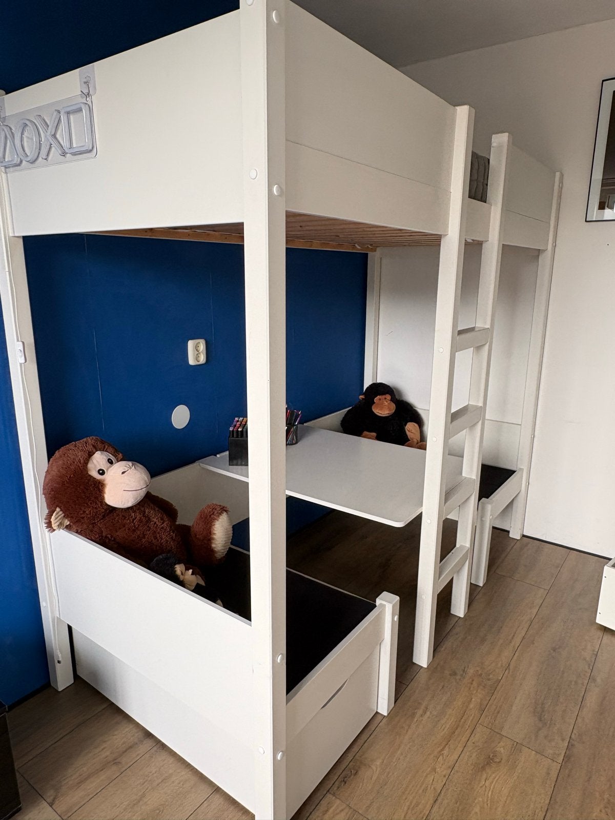 Wit stapelbed met bureau en opbergruimte, Ophalen, Gebruikt, 90 cm, Eenpersoons