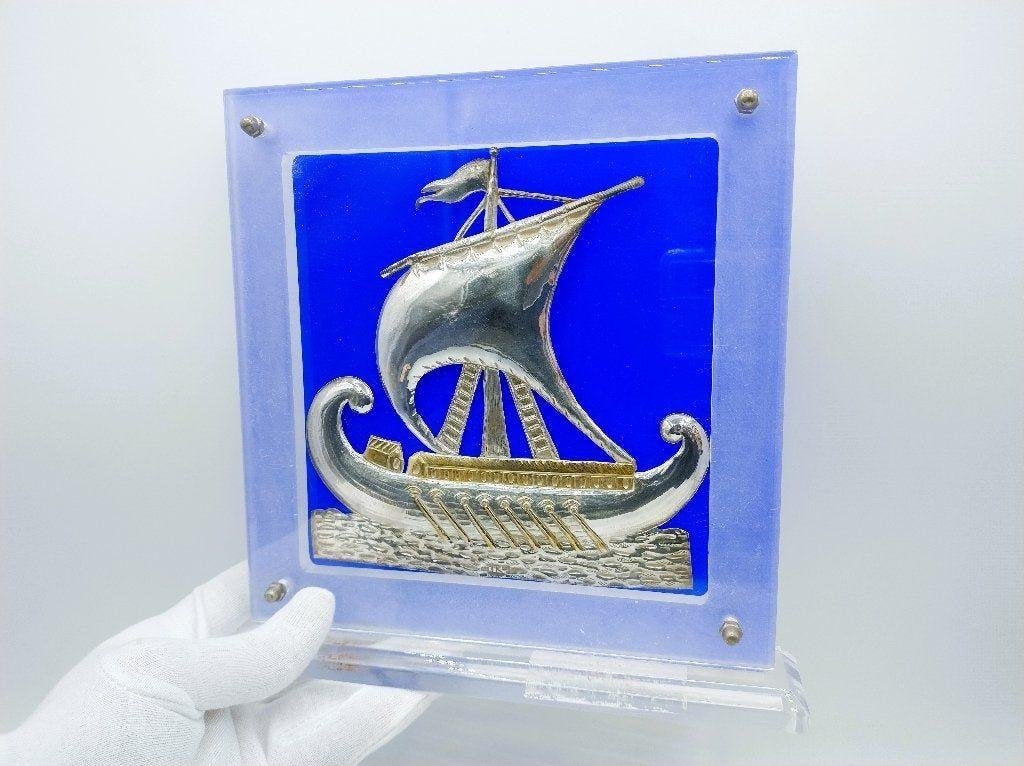 Zilveren vikingschip in display, 925, Verzenden, Zilver