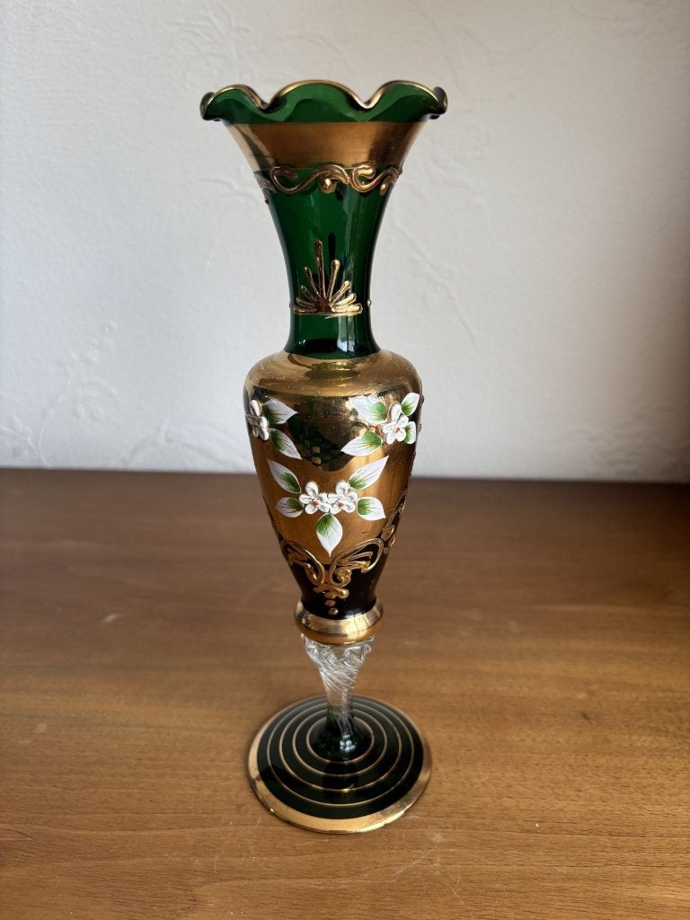 Prachtig Vintage Groen Glazen Vaasje • Handgeschilderd Goud, Ophalen of Verzenden