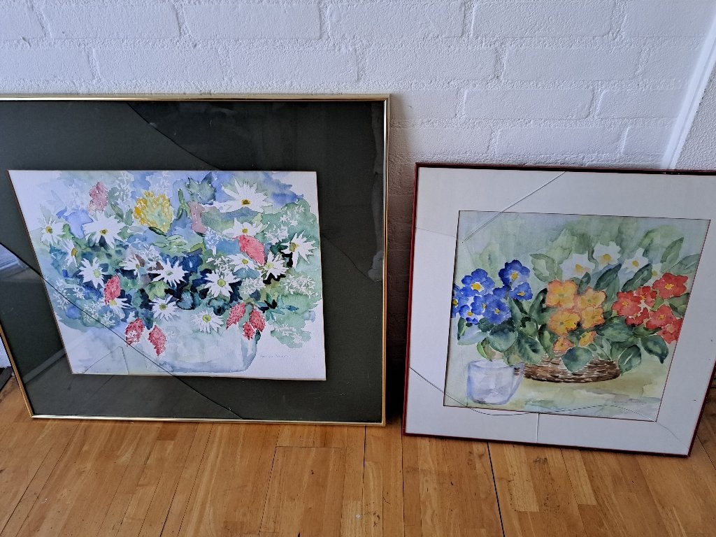 uit erfenis verkregen twee aquarellen, glas stuk, Antiek en Kunst, Kunst | Schilderijen | Klassiek, Bijzondere lijst, Stilleven