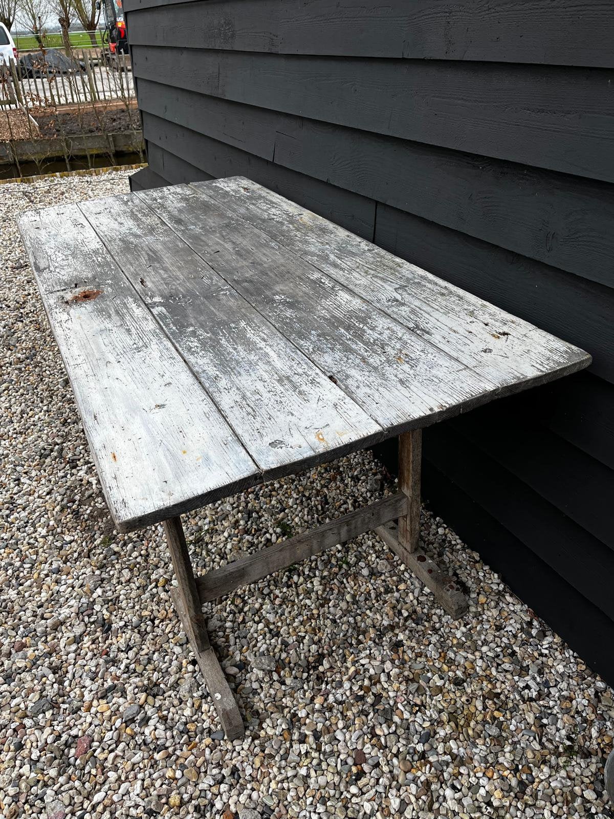 Brocante tuintafel op schragen, Tuin en Terras, Tuintafels, Ophalen, Gebruikt, Rechthoekig, Hout