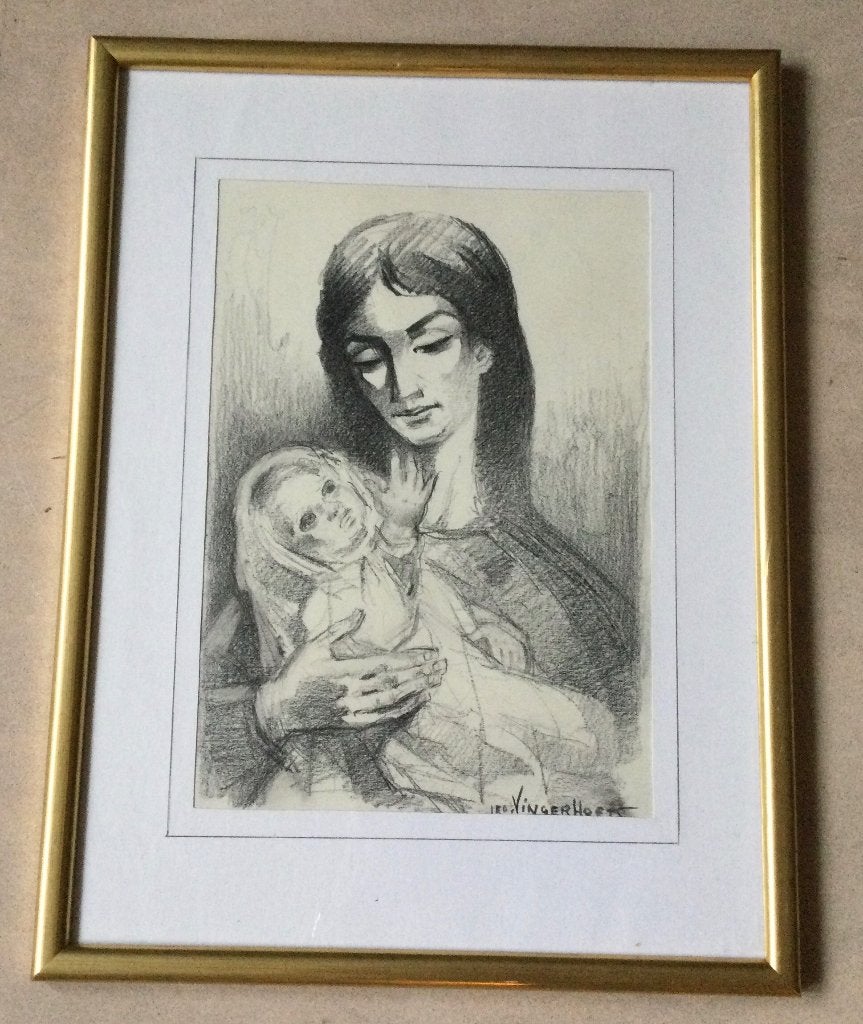 Tekening moeder en kind door Leo Vingerhoets (1917-1983), Verzenden, Tekening