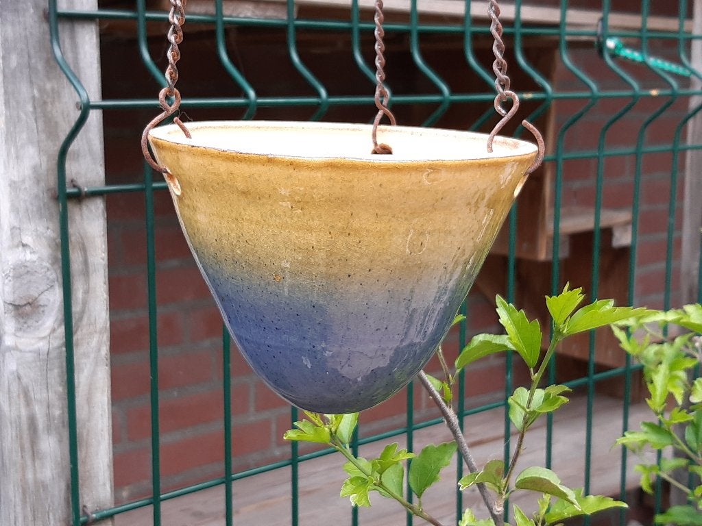 Hang bloempot vintage geel/blauw, Rond, Ophalen of Verzenden, Zo goed als nieuw, Aardewerk