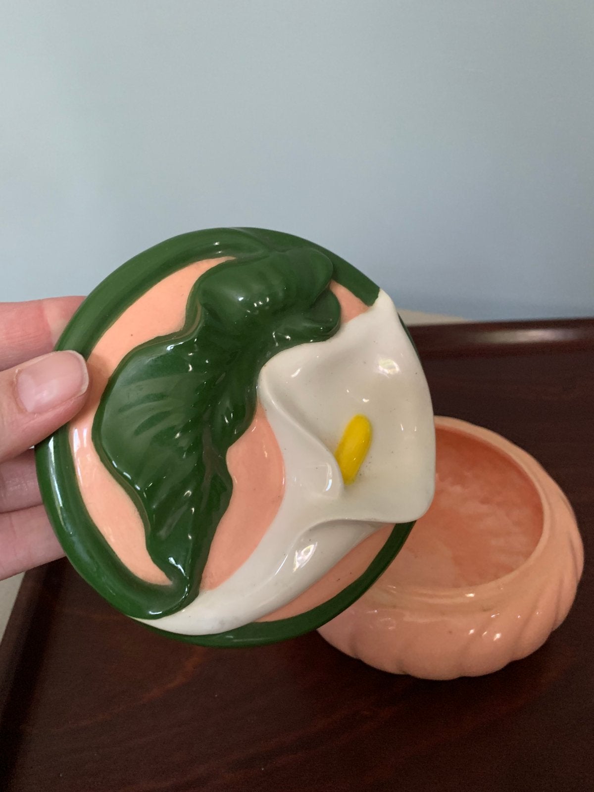 Vintage doosje keramiek Calla lelie bloem roze groen 1960, Ophalen of Verzenden