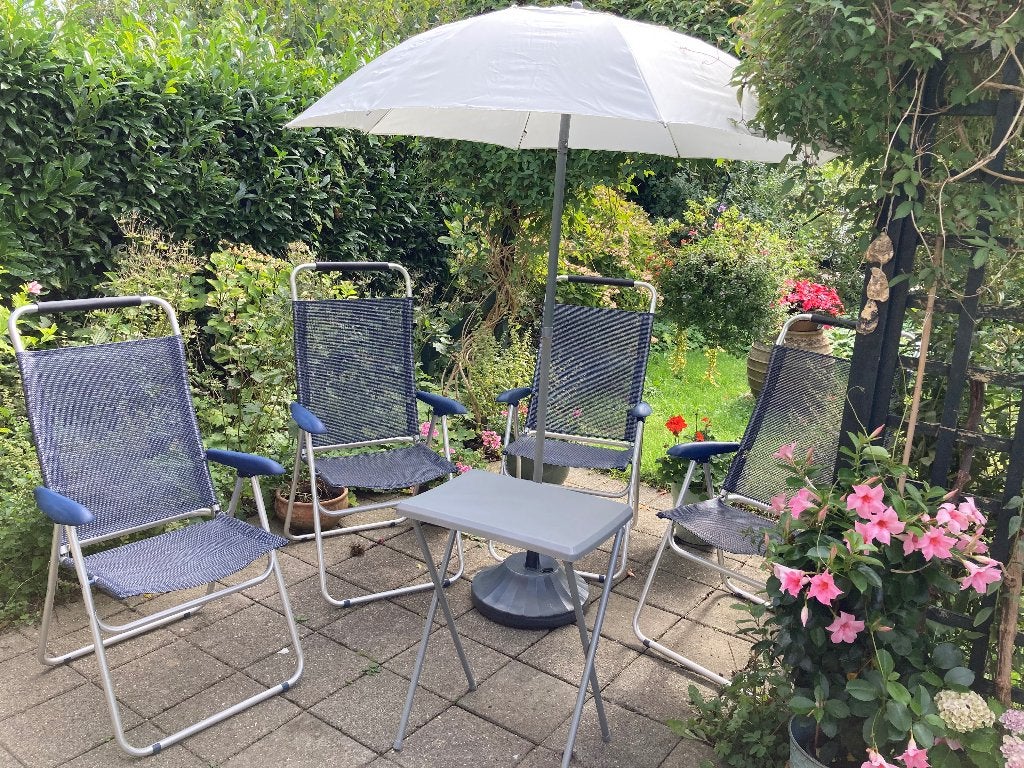 4 Klapstoelen met parasol, Ophalen, Gebruikt, Overige materialen, Inklapbaar
