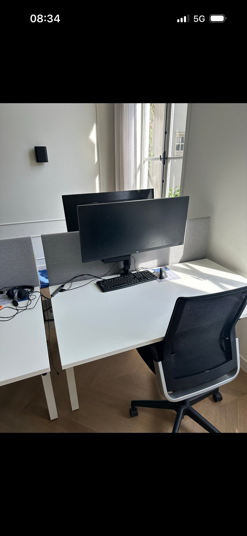 Modern wit duo-bureau met scheidingswanden, Huis en Inrichting, Ophalen, Scheidingswand, Spaanplaat of MDF, Zo goed als nieuw