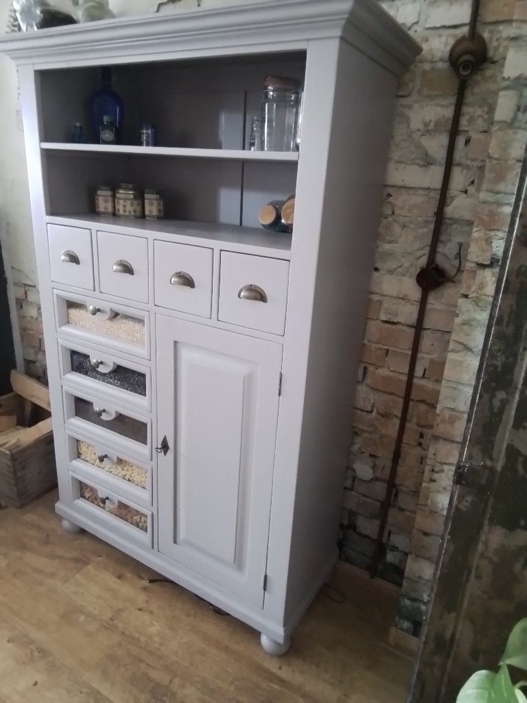 Taupe kleurige grutterskast met lades en deur, Ophalen, Gebruikt, 150 tot 200 cm, 25 tot 50 cm