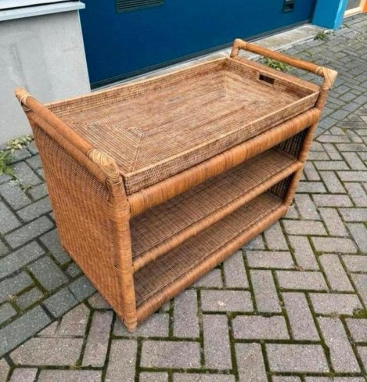 Vintage rotan trolley/serveerwagen met 3 planken, Ophalen of Verzenden, Gebruikt