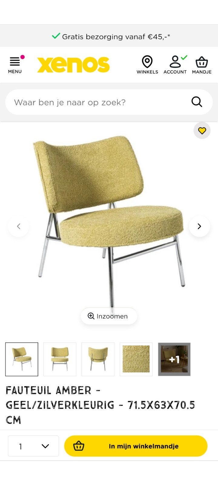 Xenos Fauteuil Amber Geel/Zilverkleurig, Huis en Inrichting, Ophalen, 75 tot 100 cm, Zo goed als nieuw, Metaal