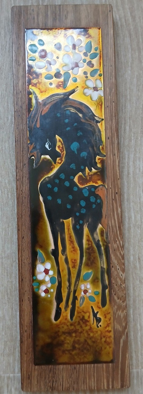 Vintage geëmailleerd kunstwerk hert op hout, Nella Damsma., Ophalen of Verzenden