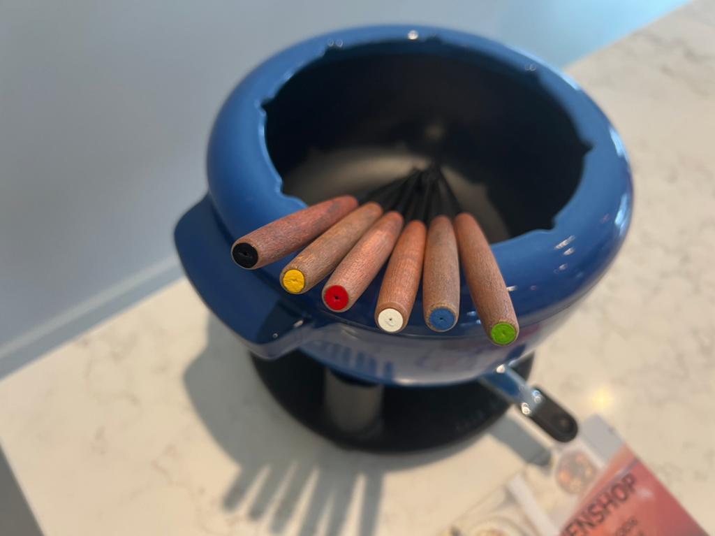 Staub Fondueset blauw gevlamd, heel goede staat, Witgoed en Apparatuur, Fonduesets, Brander, Fondueset, Ophalen of Verzenden, Zo goed als nieuw