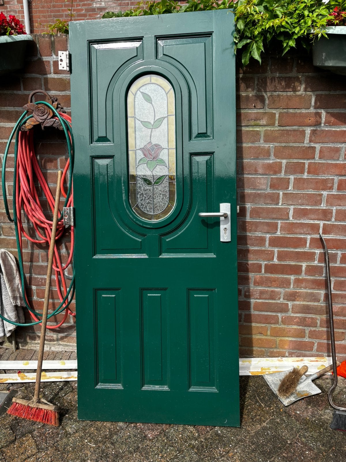 Buiten deur hard hout, glas in lood met kozijn en beslag, Ophalen, Gebruikt, 80 tot 100 cm, Buitendeur