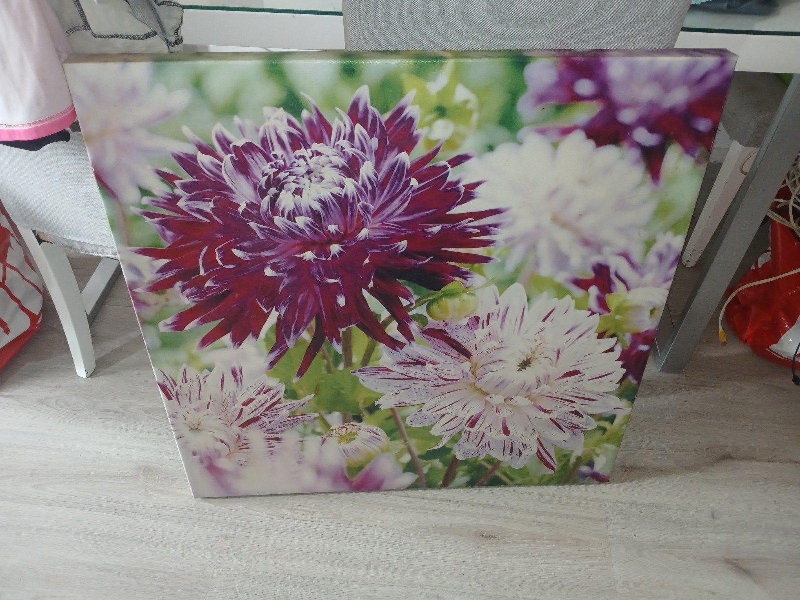 Schilderij met bloemen: wit, roze, paars, Antiek en Kunst, Ophalen