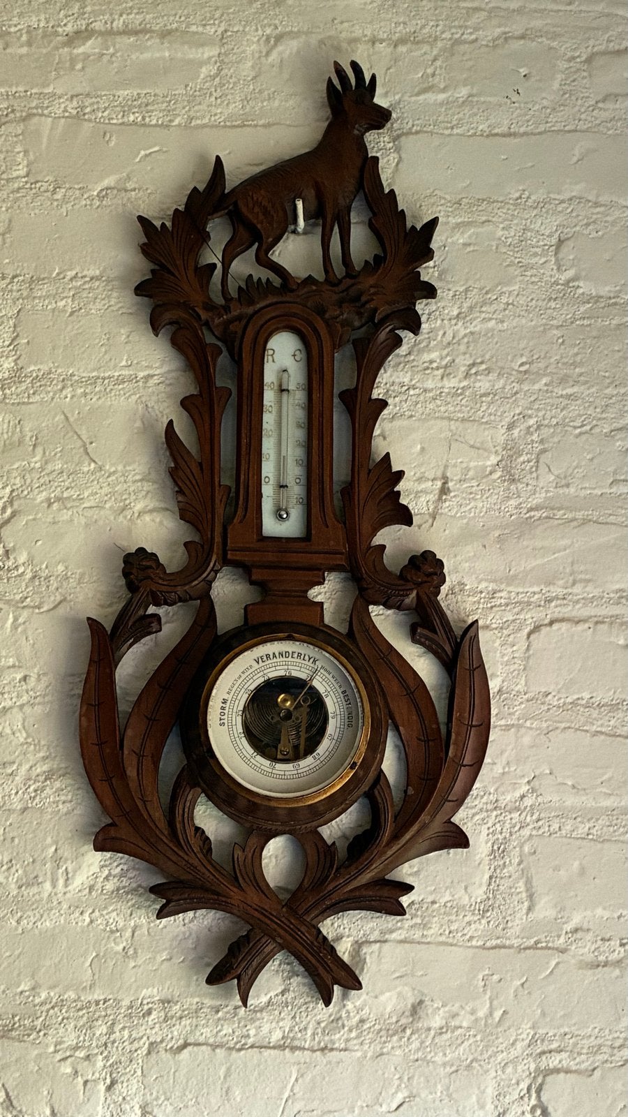 Antieke Barometer met Thermometer en Houten Snijwerk, Ophalen, Gebruikt, Barometer