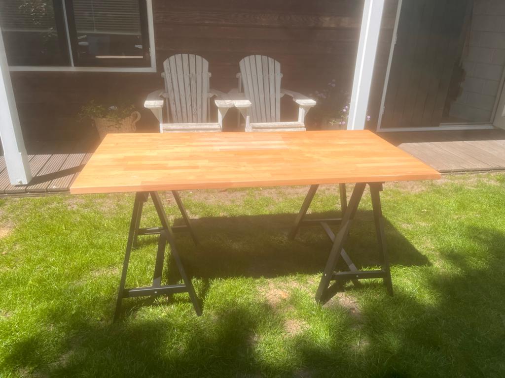 Houten bureautafel met schragen 155 x 75 cm, Ophalen, Gebruikt, 50 tot 100 cm, 150 tot 200 cm