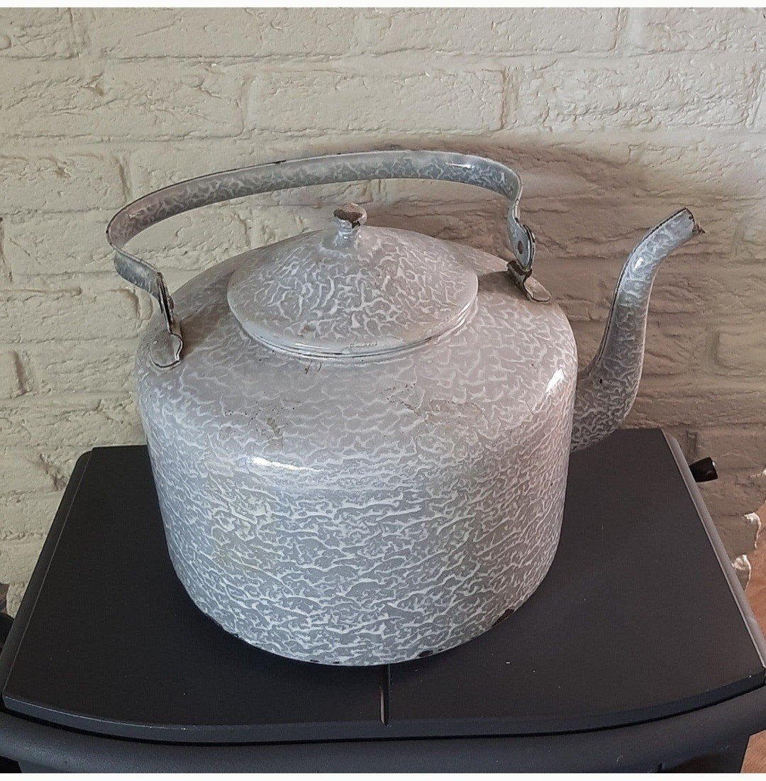 Brocante ketel, emaille, grijs gewolkt, decoratie, Ophalen of Verzenden