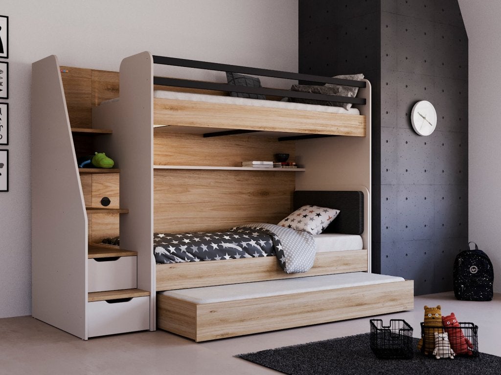New Options stapelbed - 90x200 - Eiken/beige, Niet ingevuld, Niet ingevuld, Niet ingevuld