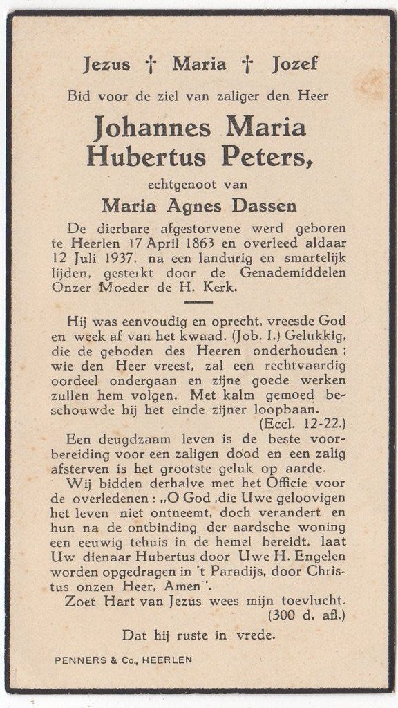 Johannes M.H. Peters 1863 Heerlen + 1937 Heerlen, 74 jaar, Verzenden