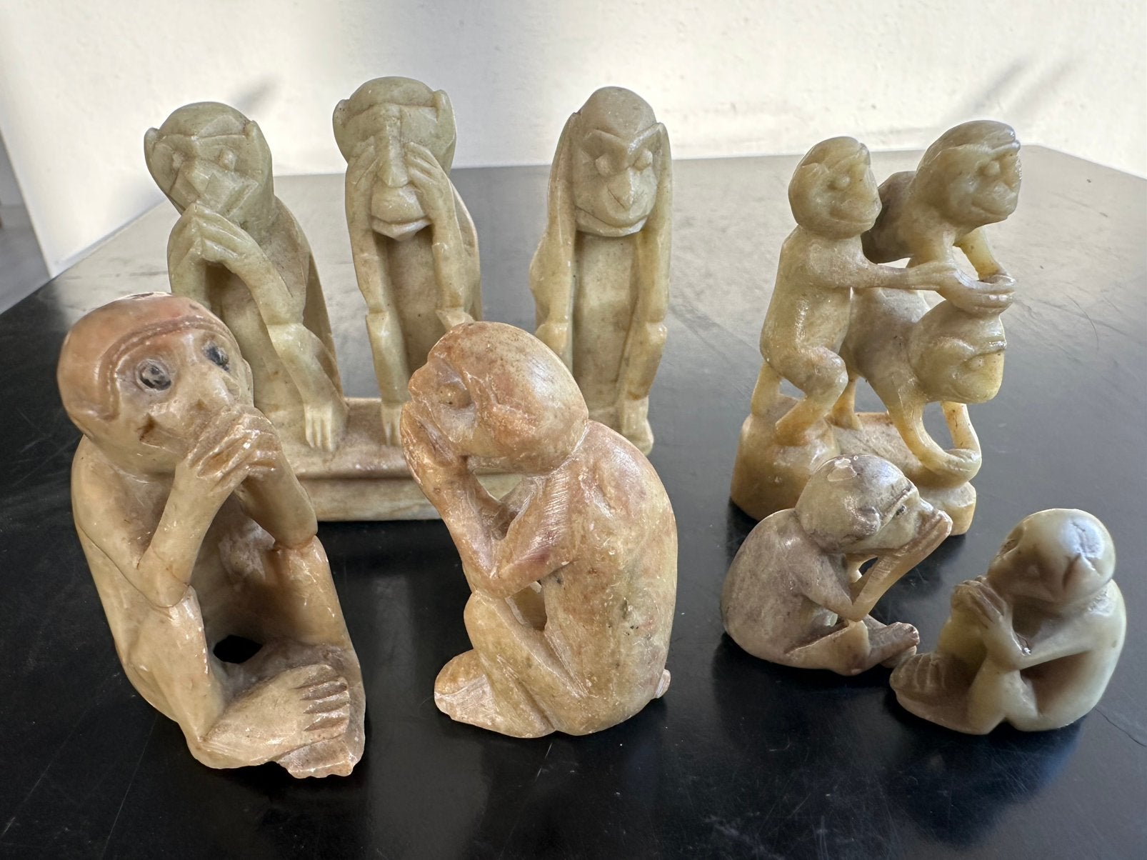 Oud Chinees speksteen Apen Familie beeldjes 2.5/6.5 cm, Ophalen of Verzenden