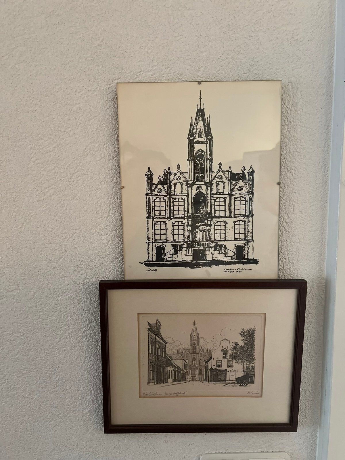 3 oude tekeningen, ingelijst. Oude stadhuis van Eindhoven., Antiek en Kunst, Ophalen of Verzenden