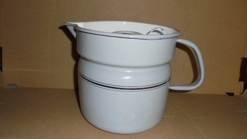 grijs emaille melkkoker met bies, doorsnee 17H16cm, Antiek en Kunst, Ophalen of Verzenden