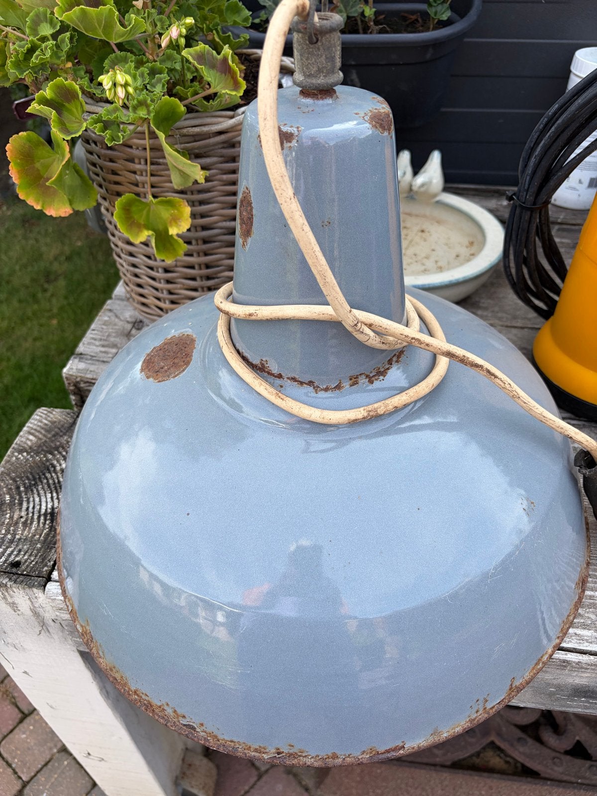 Vintage Boeren Stallamp Emaille - Blauw/Grijs, Ophalen