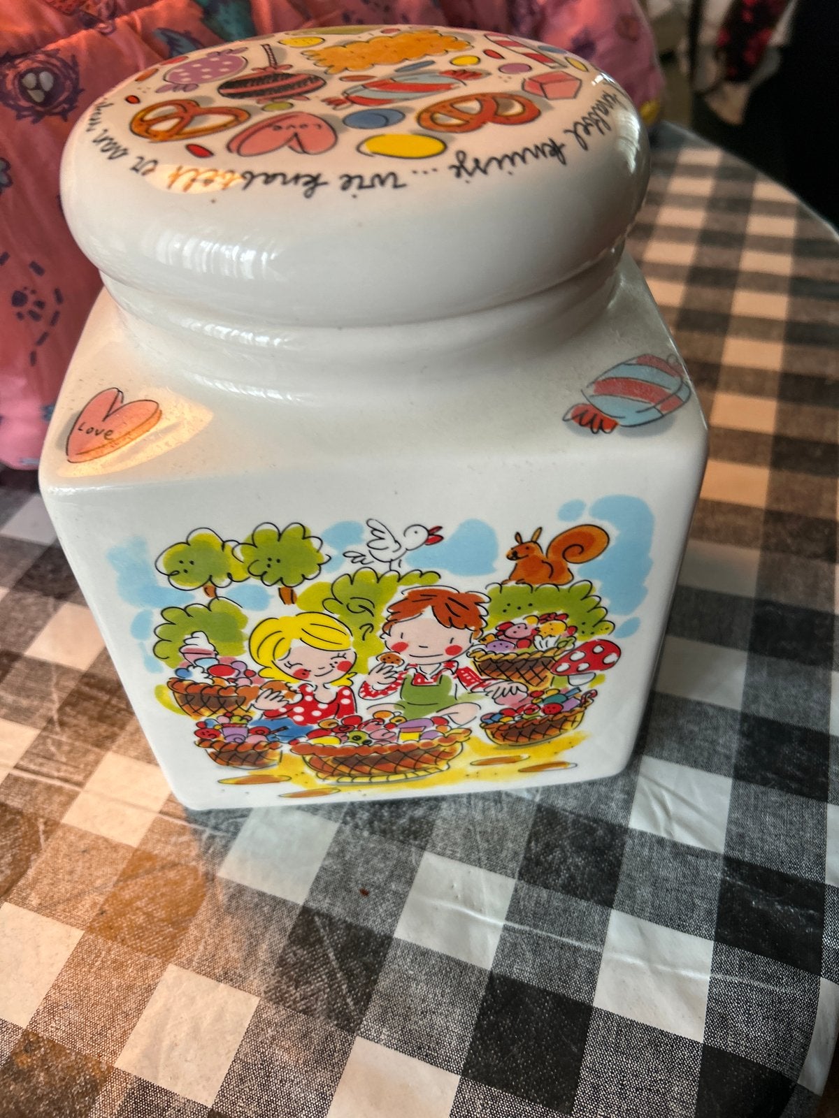 Vintage voorraadpot met kinderillustratie, Ophalen