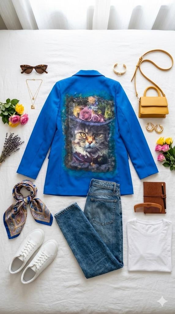 Customized "Cat" blazer, Maat 38/40 (M), Blauw, Nieuw, Ophalen of Verzenden
