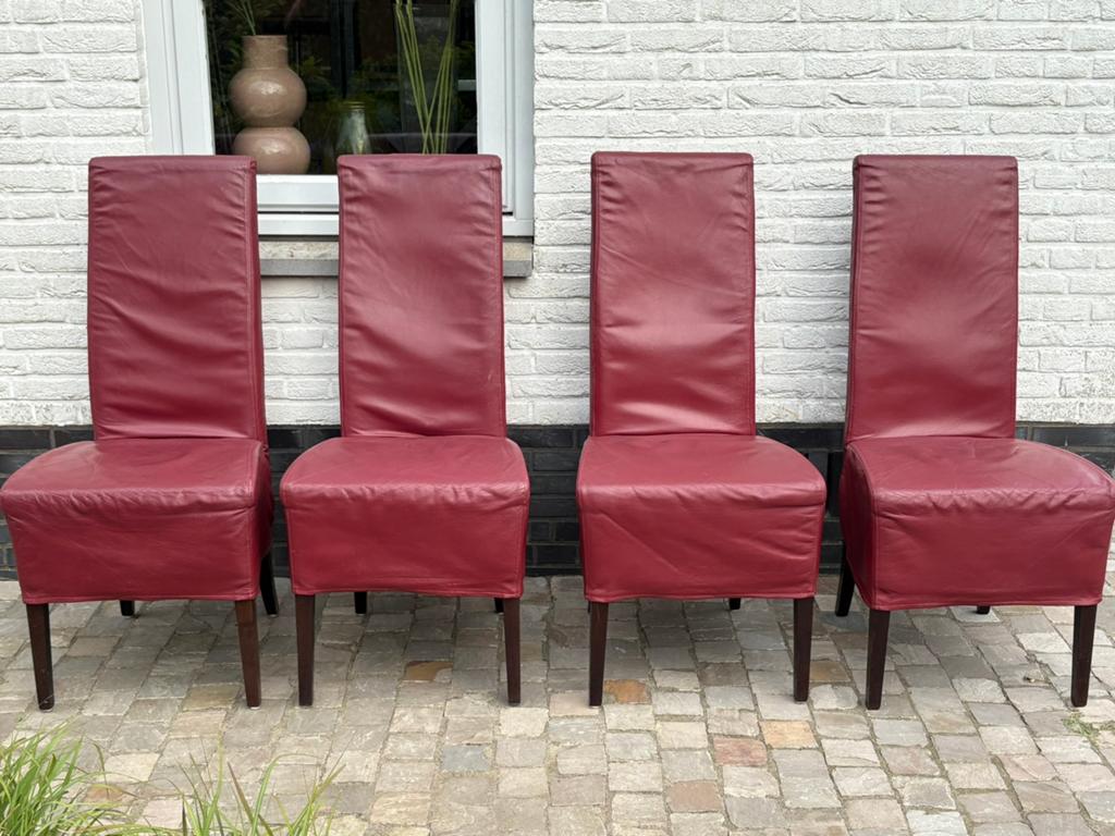 Eetkamerstoelen bordeauxrood leer 107hx49lx47b set van 4, Ophalen, Leer