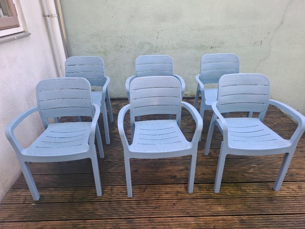 Set van 6 blauwe tuinstoelen van Allibert, Tuin en Terras, Tuinstoelen, Ophalen, Gebruikt, Kunststof, Stapelbaar