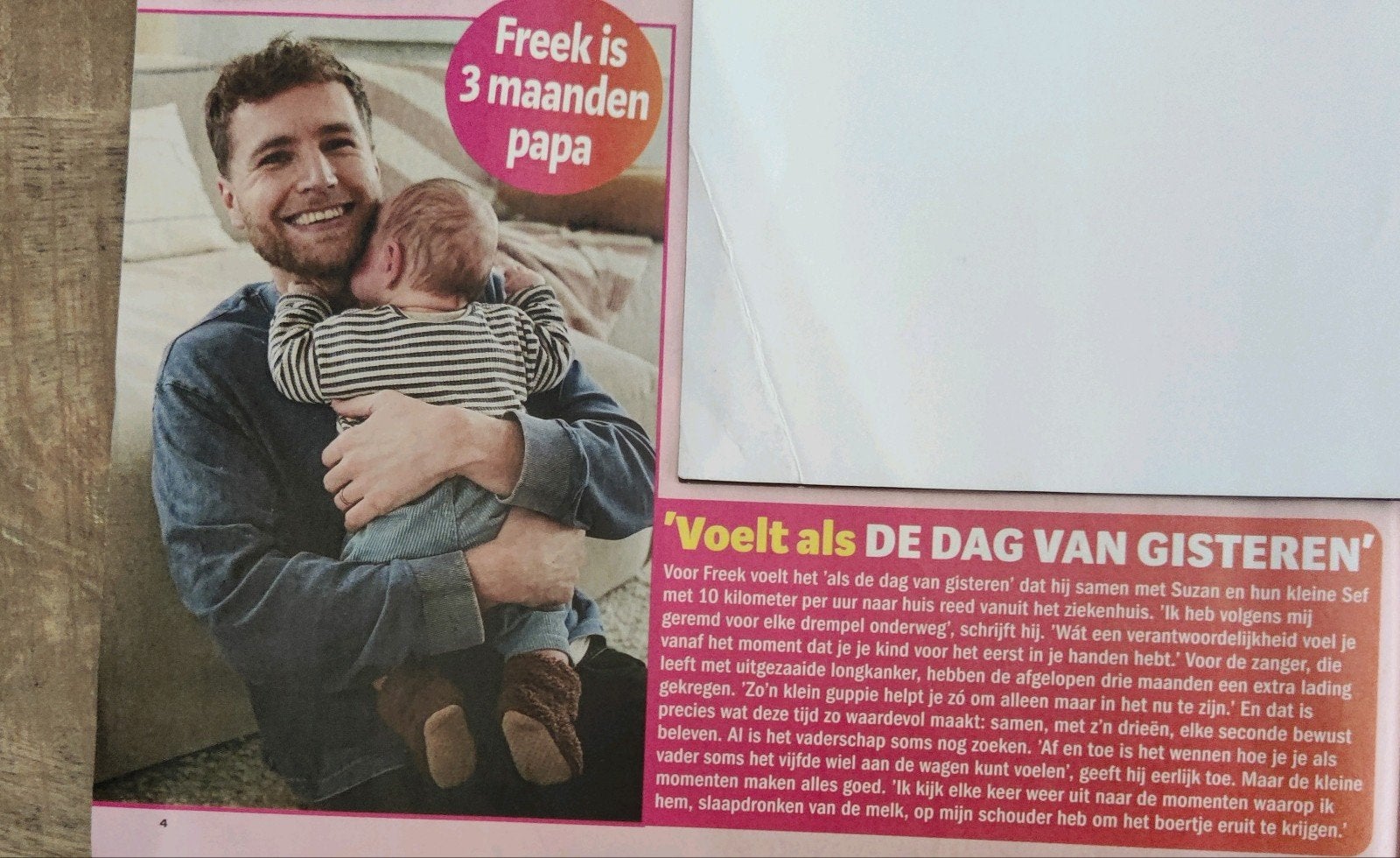 Freek is 3 maanden papa - Artikel - Knipsel, Verzamelen, Ophalen of Verzenden, 1980 tot heden, Knipsel(s)