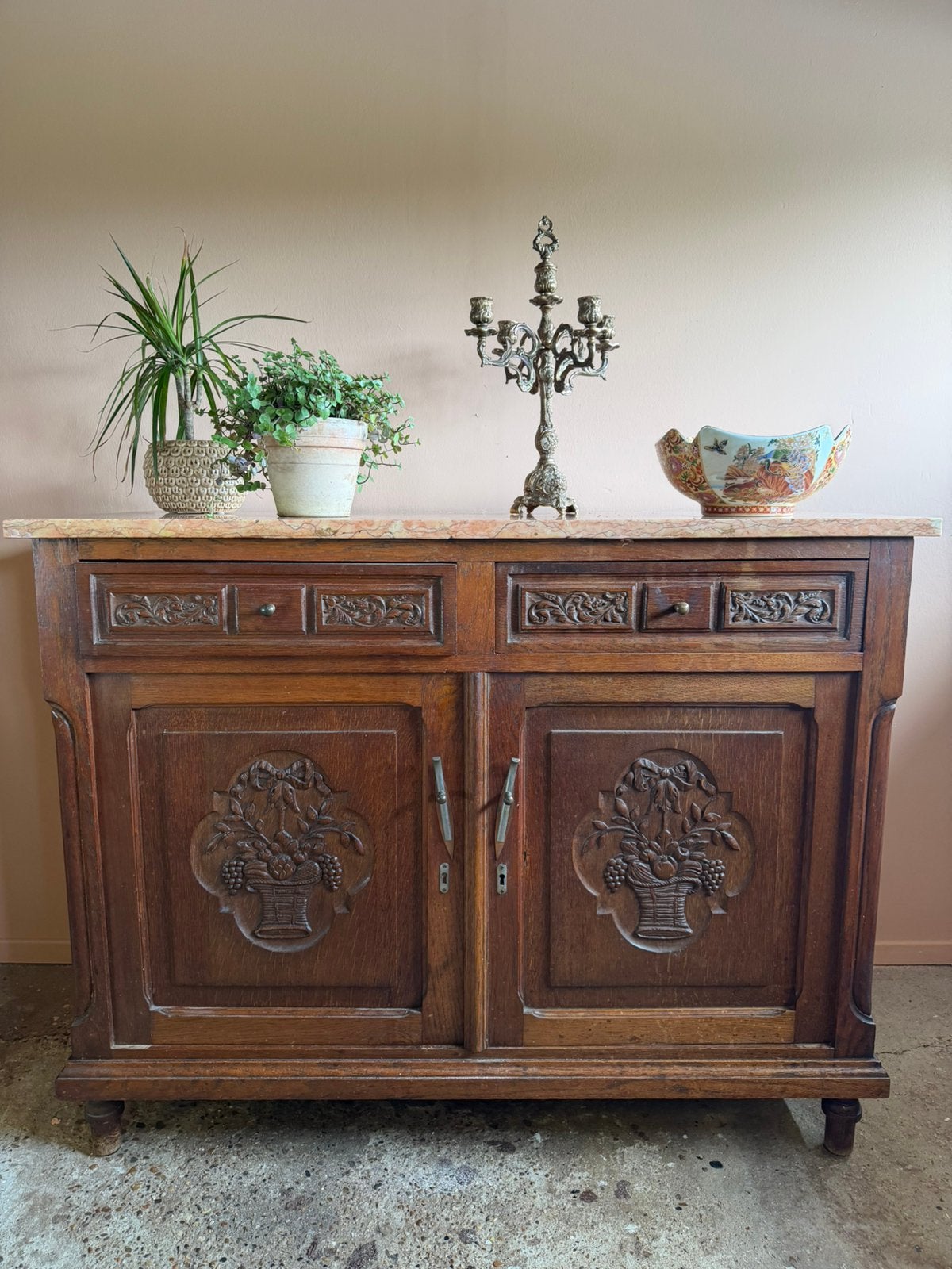 Vintage houten commode met roze marmeren blad, Ophalen, Gebruikt