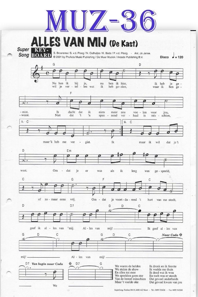Muz36 bladmuziek super song -Alles van mij ( De Kast ), Orgel, Ophalen of Verzenden, Zo goed als nieuw, Artiest of Componist