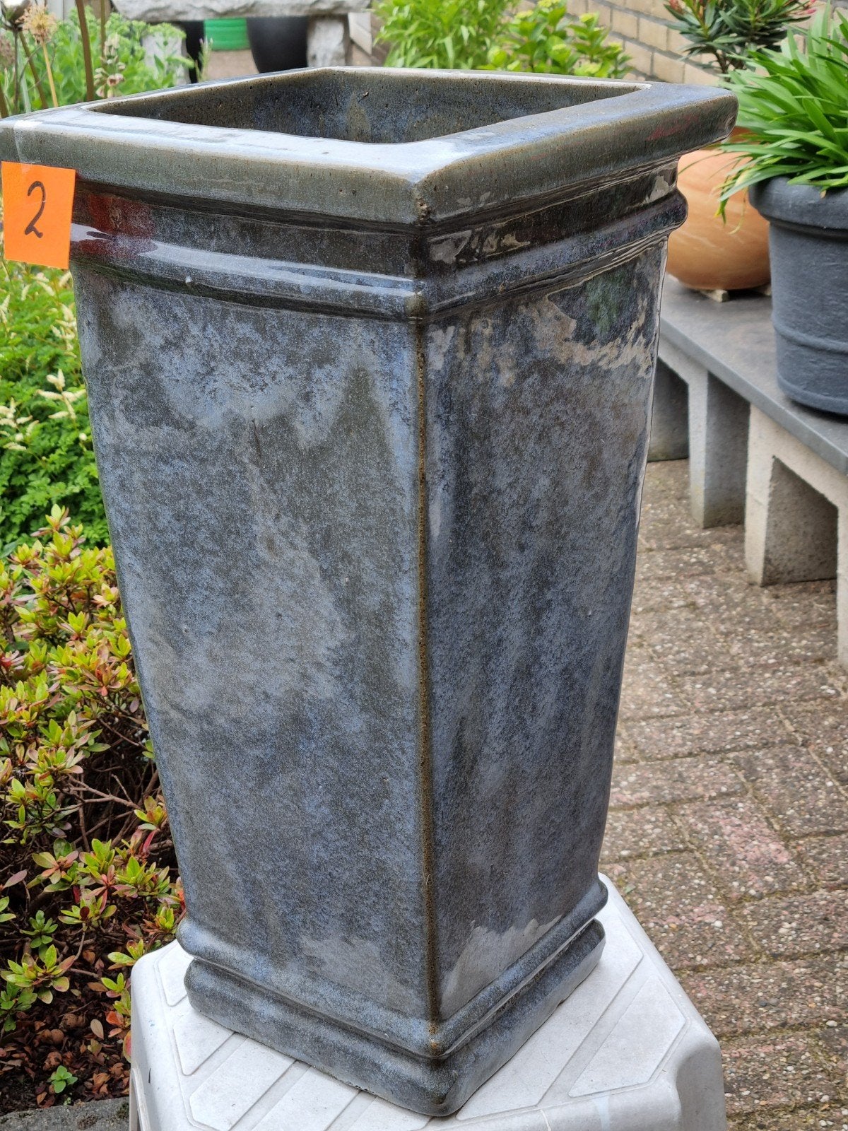 Hoge plantenbak tuinvaas terracotta blauw grijs gemêleerd, Ophalen, Steen, Gebruikt, Vierkant