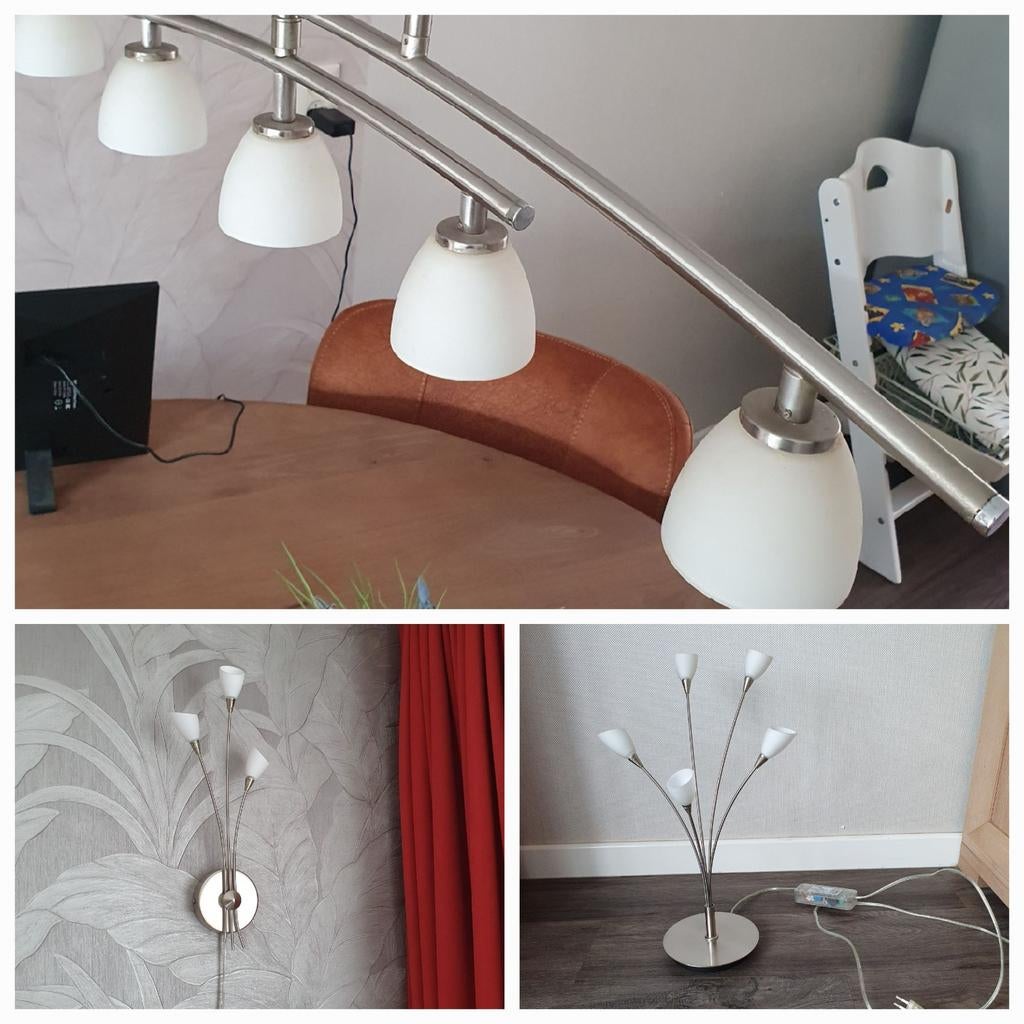 3 verschillende lampen mat rvs look witte glazen kelken, Ophalen