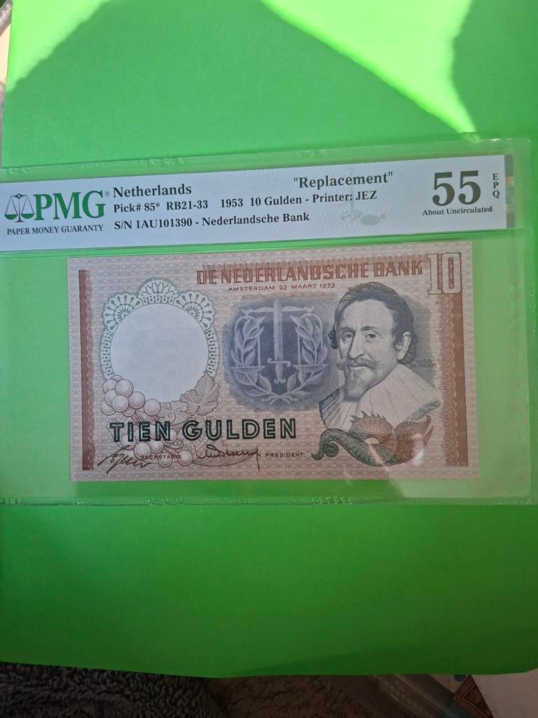 10 gulden Hugo de Groot en Replacement 1953 AUNC
Gekeurd 55, Postzegels en Munten, Ophalen of Verzenden, 10 gulden, Los biljet