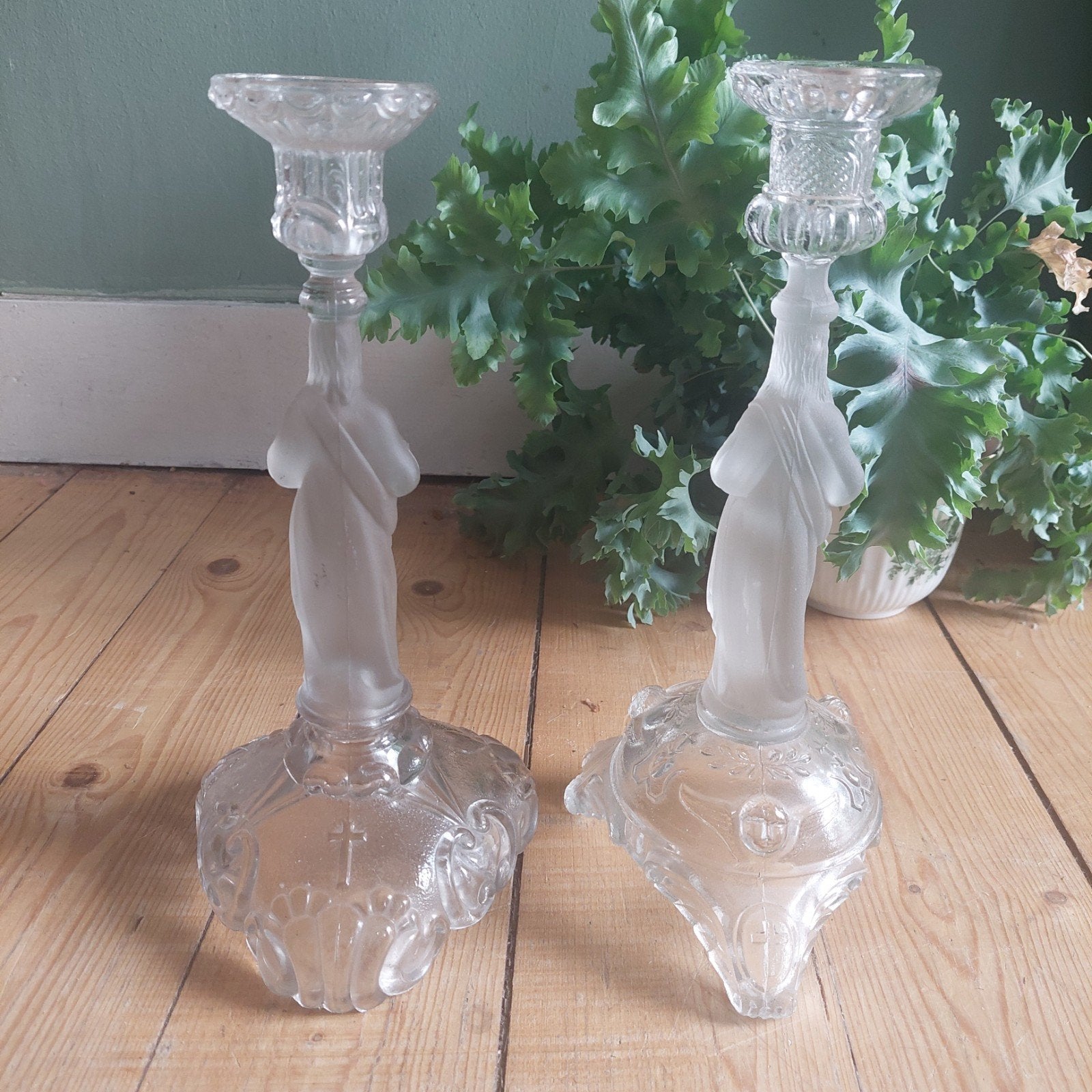 Lucky Vintage Val St Lambert stijl glazen kandelaars, Ophalen of Verzenden, Zo goed als nieuw, Overige typen, Christendom | Katholiek