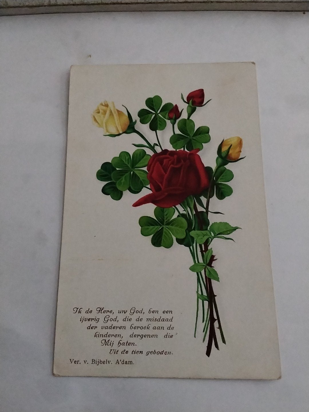 Oude briefkaart met rozen en klavertjes vier, Bijbeltekst, Ophalen of Verzenden, Voor 1920