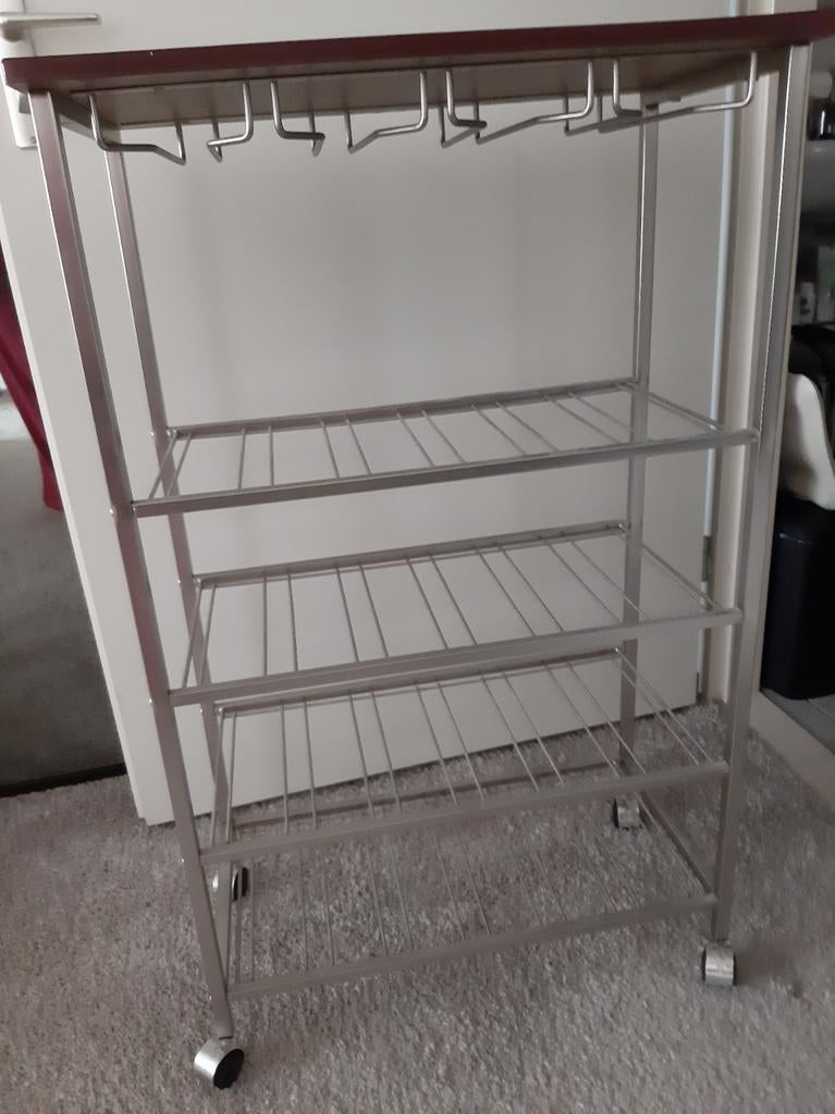 Keukentrolley op wielen met rek voor glazen en flessen, Ophalen, Gebruikt, Zilver, Metaal
